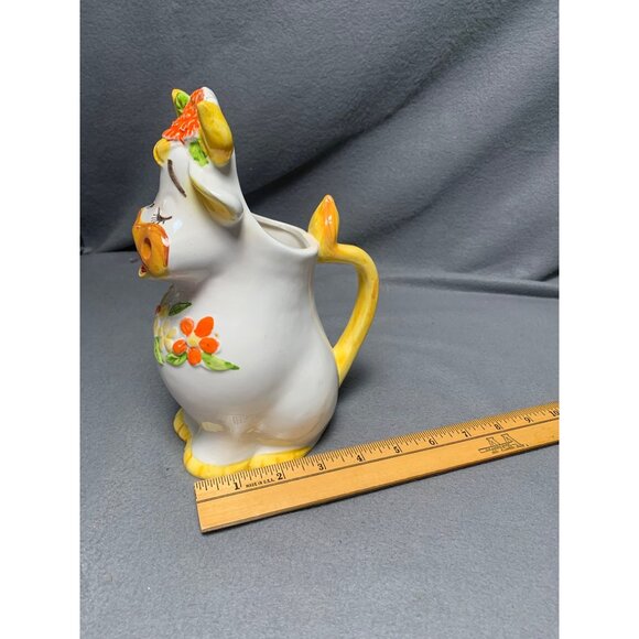 Vintage Bossie Cow-Shaped Ceramic Pitcher with Floral Accents & Handle Lefton - Picture 10 of 14